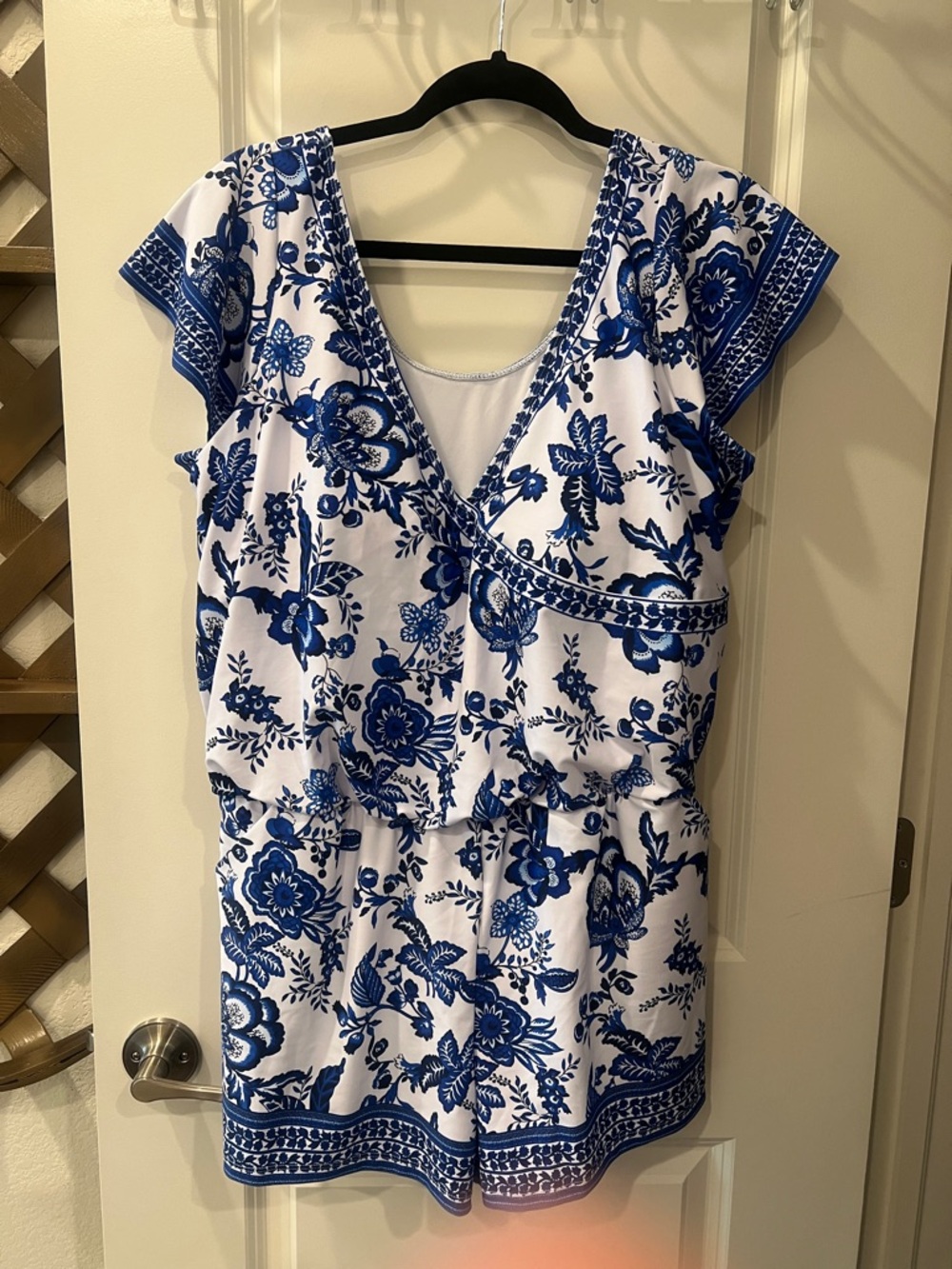🌊☀️ Blue & White Floral Swim Romper — Size XL